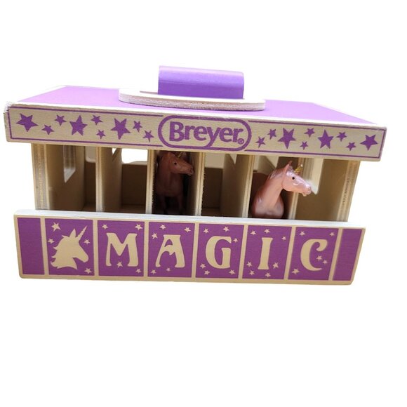 Breyer Magic Wooden Horse Carrier and 2 Unicorns Purple Pink Jj3642 - Picture 4 of 7